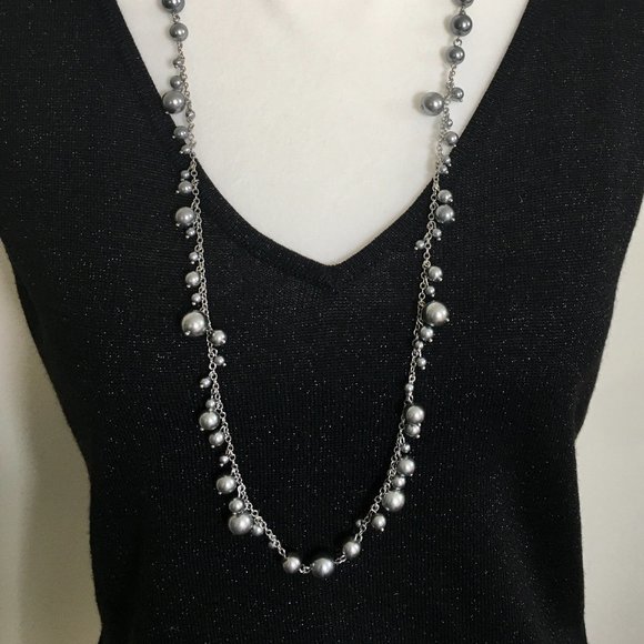 Talbots Silver Faux Pearl Bead Long Necklace - Picture 1 of 4